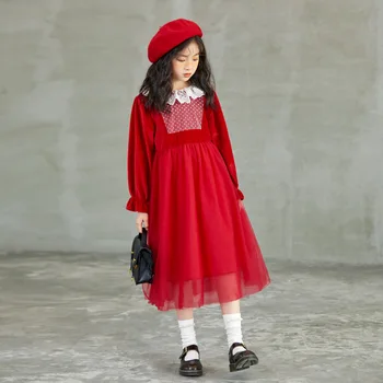 От 6 До 16 години За децата и подрастващите момичета Сладко сетчатое Мозайка рокля 2021 Есен бебешка рокля на Принцеса Детски модни дрехи #6631