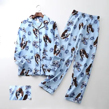 Пижама с анимационни куче Комплект от памук, Зимни дамски пижами Риза с дълги ръкави и Панталони Домашно облекло Casual топла пижама kPaCotAkoWka