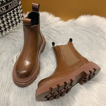 2021 Нови обувки на дебела подметка Модни дамски ботильоны на платформа Дамски подметка Чанта на щиколотке Botas Mujer с кръгла пръсти, без съединителни Botas Altas Mujer