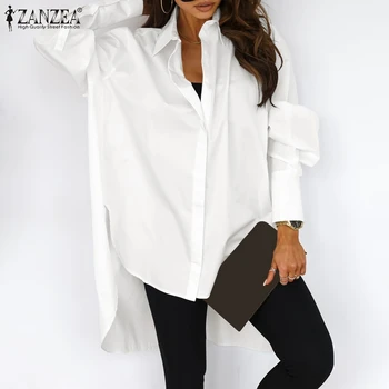 ZANZEA Ежедневни Висока Ниска блуза Дамски модни однотонная риза 2021 Есен OL Нередовен подгъва Върховете Дама с дълъг ръкав и Бяла блуза Оверсайз