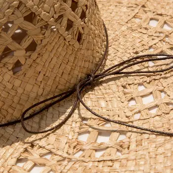 Дамски плетени сламена шапка срещу слънце от рафия, с големи широки поля, ресни, пискюли, слънцезащитен крем, Выдалбливают Кръг, Кофа, Панама, Плажна шапка