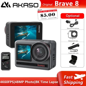 AKASO Brave 8 4k60 Кадъра в секунда 48-мегапикселова Екшън-камера, WiFi HD Vlog Cam 8 За Дистанционно Управление Забавено Подводна Водоустойчива Камера за спортен шлем