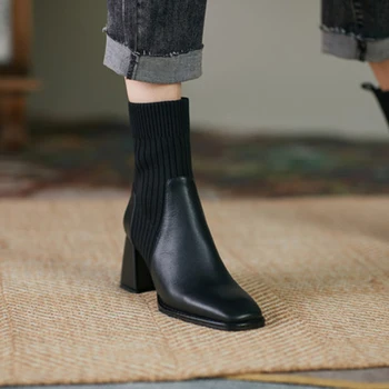 Есенно-зимни дамски обувки възли ластични чорапи и Ботуши с квадратни пръсти на масивна ток Модни ботильоны Челси Bootie Дамски 2022