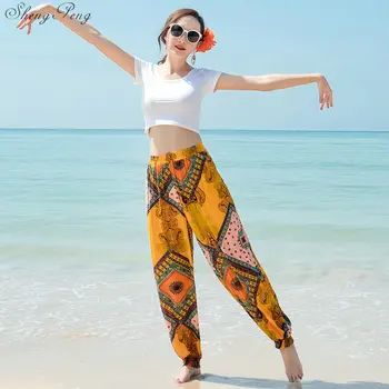 Летните елегантни панталони за жени на 2018 г. с цветна бродерия плажни панталони в традиционен китайски стил с висока талия свободни панталони CC569