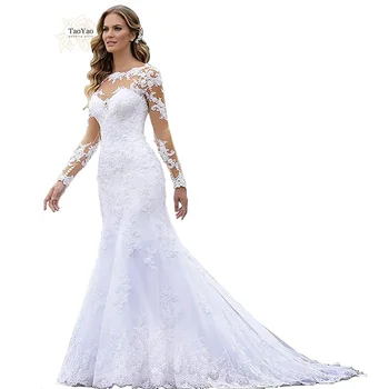 Евтини Бяла Сватбена рокля с кръгло деколте и дълъг ръкав на Сватбена рокля Русалка Сватбени рокли Vestidos De Новия 2021 Robe De Mariée