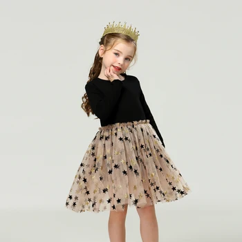 Рокля с дълги ръкави за момичета Дрехи от памук с пентаграма Сетчатое рокля-пакет Ежедневни облекла от 2 до 7 години в Детски есенни рокли