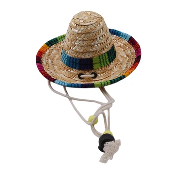 Слама Мексиканска Шапка за домашни любимци с регулируема катарама Многоцветни Сламени шапки за кучета и котки Сомбреро