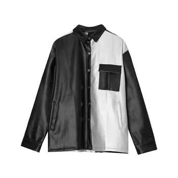 2021 Нов Мъжки Ретро Случайни Срастване с Дълъг Ръкав Кожена риза Стилно яке за Мъже Градинска облекло за Хип-хоп Свободно палто на Горно облекло