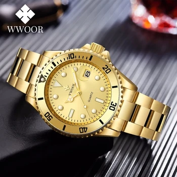 Часовници за мъже WWOOR Нов 2021 Луксозни Модни Водоустойчив Часовник с дата Спортни часовници за Мъже Златни кварцов ръчен часовник Relogio Masculino