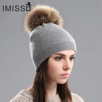 IMISSU Зимни дамски шапки от естествена вълна Вязаная Ежедневни шапчица с помпоном от кожа на миеща мечка Однотонная шапка с помпоном Gorros Casquette Cap