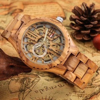 Мъжки часовник от черешово дърво Ретро Кух Скелет Циферблат Автоматични Механични Дървени Часовници Регулируема Дървена Гривна Мъжки ръчен часовник