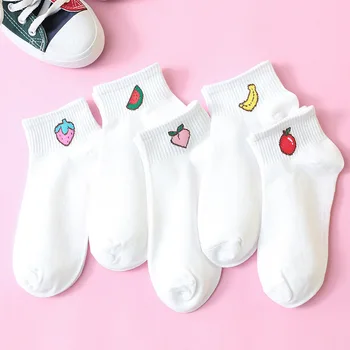 Японски Kawai Сладки къси чорапи Дамски обикновена бели дамски чорапи, Модни с плодов принтом Ежедневни чорапи Harajuku с ниско деколте на щиколотке