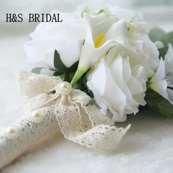H&S БУЛЧИНСКИ букет от слонова кост с букет от рози, Букет изкуствени калл романтична приятелка на булката евтини Сватбени цветя