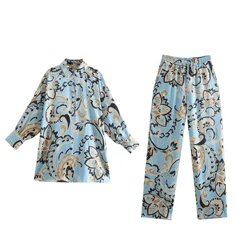 DYLQFS 2021 Женски комплект от две части на Ретро Плажен стил с принтом Ежедневни ризи Дамски еластични панталони с висока талия Ретро Панталони Комплект