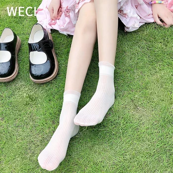 WECI Женски сладки къси чорапи на щиколотках Дишащи Тънки меки дантелени чорапи с къдри в стил Лолита 