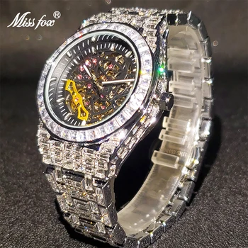 Луксозни часовници-скелет с Багетным безелем Гривна Механичен Мъжки часовник Най-добрата марка Diamond Ice Out Нови Автоматични часовници