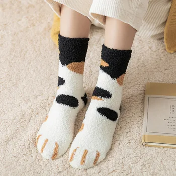 Сладки котешки лапи с анимационни принтом Дамски чорапи от коралов руно Супер Меки Топли зимни Детски чорапи за момичета и момчета Чорапи за сън Чорапи за секс