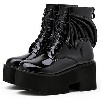 DORATASIA INS Гореща Разпродажба Черна светкавица Прилеп Украса Ботуши на платформа с високи токчета За жени Готина мода Пънк-готически обувки за cosplay