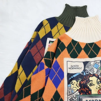 2021 есенно-зимна мода нов пуловер пуловер дамски корейската версия на свободен ретро високо деколте с дълъг ръкав вязаный топ с диаманти