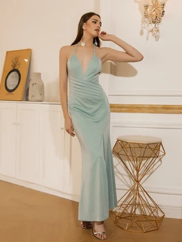 Ангел-Мода Halter с V-образно деколте Плиссированное рокля с цепка за бала Дълга Елегантна Рокля 571