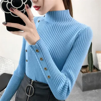2021 Дамски есенни възли тънки пуловери Обикновен дамски памучни, меки еластични turtlenecks Цветни пуловери копчета с дълъг ръкав Зима