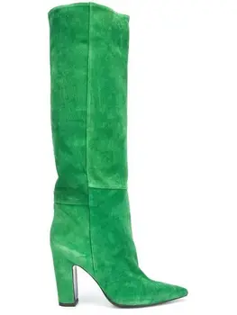 Модни дамски обувки с остър пръсти на дебелите ток Писта Улица Над Коляното Високо Качество Зима Пролет Виолетово-зелени ботуши