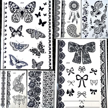 25 Дизайн Детска Мультяшная Пеперуда Къна, Временни Татуировки Етикети На Задната Врата Водоустойчив Фалшиви Детски Черни Татуировки Дантела Лък