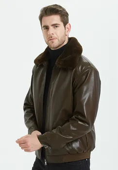 Мъжко яке от изкуствена кожа с голям размер с зимен шал яка от изкуствена кожа, дебела топла космати яке от изкуствена кожа, Мъжки кафяво кожено яке, палто
