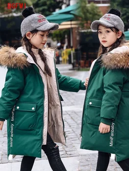 Нови зимни паркове за момичета За момичета Топло палто на Горно облекло за тийнейджъри Детски дрехи за деца За момичета Кожа яке с качулка за 5-12 години