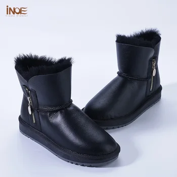 INOE Дамски ежедневни модни къси зимни зимни обувки на облицовки от естествен овче кожа от естествена агнешка кожа Топла обувки на водоустойчив цип