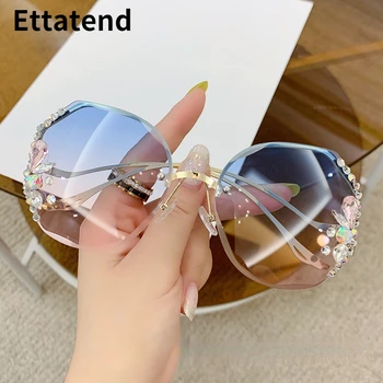 Луксозни Дизайнерски Модерни слънчеви очила без рамки За жени Реколта маркови нюанси Bling Планински кристал, Големи слънчеви очила с диаманти Gafas De Sol