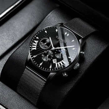Нови мъжки часовник Луксозни Известни марки Мъжки часовници с мрежесто календар от неръждаема стомана Мъжки Бизнес светещи кварцов часовник reloj hombre
