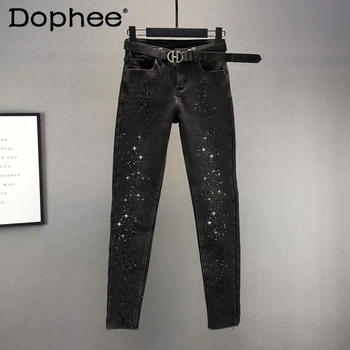 Горещи Кристали Топли дебели кадифени джинси Дамски зимни дънкови панталони 2021 година Жените с висока талия плътно Прилепнали черни ластични панталони-молив Tide