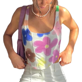 Дамски Модни Цветен Принт Жилетка Причинно-следствена U-образно деколте Без облегалка Открит Пъпа Потници без ръкави