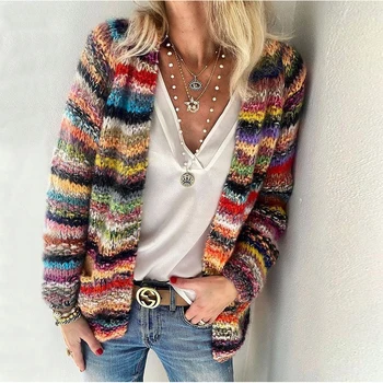 Дамски елегантни многоцветни възли жилетки с принтом Пуловер 2021 Есен зима Палто с дълъг ръкав Потник Дамски ежедневни джобни пуловери