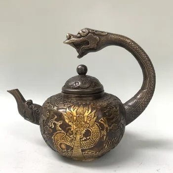 Художествена Колекция от Антични Китайски Старинен Бронзов Гърне с Дракон, Ръчно изработени/Декоративен Чайник,Дължина 18 См,Височина 15 см
