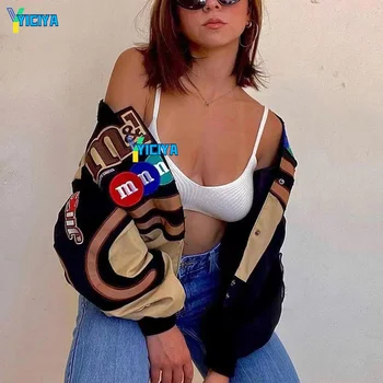 Яке-бомбер YICIYA 2022 с принтом джоб с дълъг ръкав реколта състезателна яке и Спортен стил Полиестер Дамски яке-бомбер ropa mujer