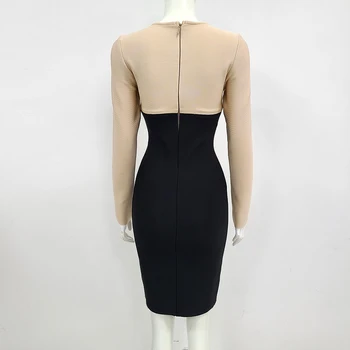 2021 Нова мода За жени Сексуално мини-дебнещ рокля с дълъг ръкав, облекло, черна мозайка елегантна вечерна рокля