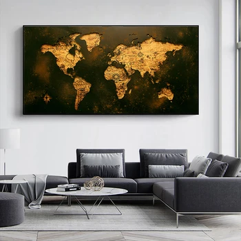 Реколта Карта на света Картина На платно Абстрактни Плакати и щампи Стенни Художествени картини за Хола Декорация на Дома Куадрос
