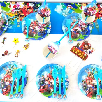 Марио рожден ден на тематично бижу банер банер украса еднократна хартиена чаша чиния, прибори Коледен подарък