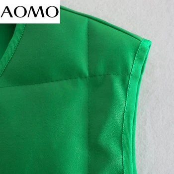 AOMO Женски зелена жилетка от изкуствена кожа, без ръкави Паркове 2021 Зимни джобове Женски топло елегантно палто 2J04A