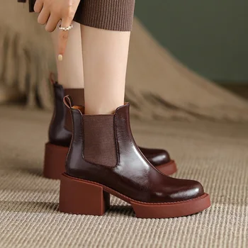 MoonMeek Обувки от естествена кожа на дебелите обувки с гумена лента Ботильоны Модни дамски обувки за почивка Зимни обувки Челси ръчно изработени