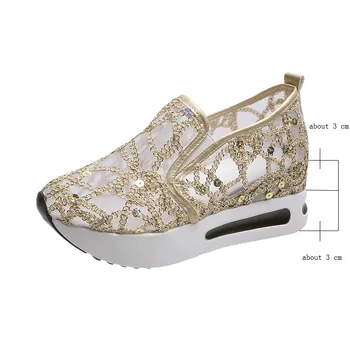 Дамски обувки на танкетке с пайети, окото дишащи обувки за жени, маратонки на платформа цвят злато и сребро, дамски обувки на танкетке, които растежа, Ежедневни обувки