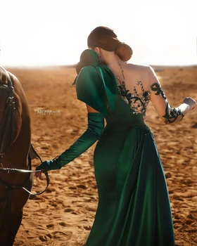 Зелена Мода Елегантна Луксозна вечерна рокля с Едно Рамо с Дължина до Пода с висока цепка Снимка Дубайское рокля за бала По поръчка