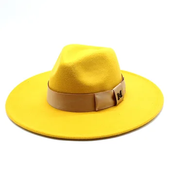 Есента на Филц шапки за жени, УНИСЕКС Панама Църковна джаз шапка на Филц шапки в европейския и американския стил Колан с широка периферия 9,5 см капачка дамски