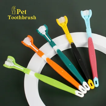 Дълга дръжка за Тристранно четка за зъби за домашни любимци котка куче Лош дъх, Зъбния камък Инструмент за грижи за зъбите на Мека четка за Зъби, за да проверите за почистване на домашни любимци