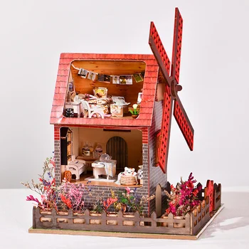Нов DIY Вятърна Мелница, Къща Дървена Кукла Къща Комплект С Миниатюрни Мебели Лесен Куклена Къща Голям Скоростна Събрани Играчки За възрастни Подаръци